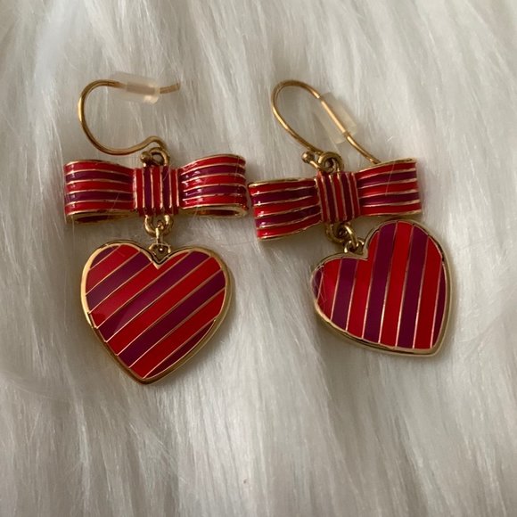COACH Poppy Striped Heart Bow Drop Earrings GOLD--RARE - Picture 1 of 2